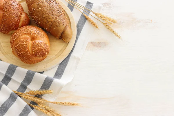 Bread Buns Wooden White Background — Foto Stock