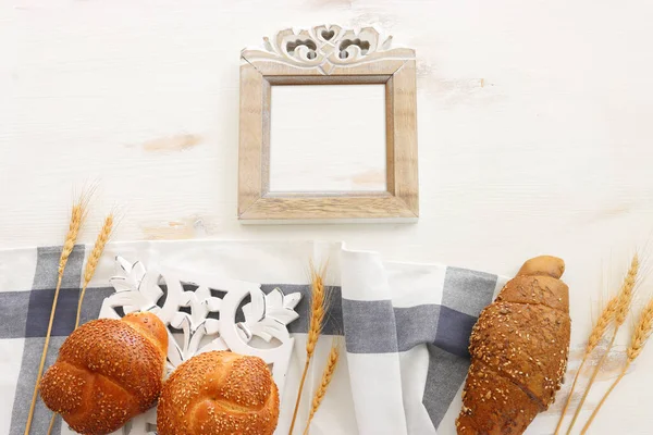 Bread Buns Wooden White Background — Foto Stock