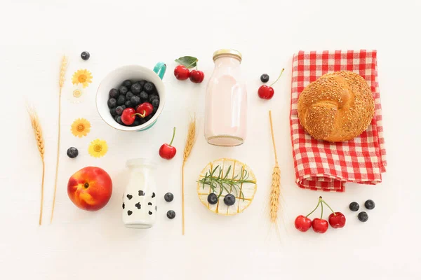 Top View Photo Dairy Products White Wooden Background Symbols Jewish — Stock Photo, Image