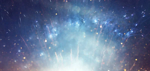 Fondo Abstracto Brillo Negro Azul Dorado Con Fuegos Artificiales — Foto de Stock