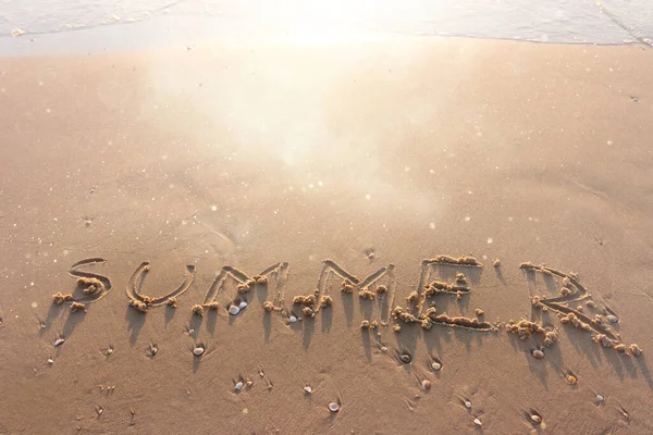 Word Summer Written Sea Sand Warm Sunset Time Vacation Enjoyment — Stock Photo, Image