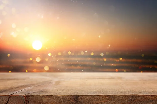 Mesa Madera Fondo Borroso Atardecer Verano Vacaciones — Foto de Stock