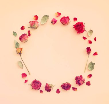 Üzerinde pembe pastel arkaplan olan kuru gül çiçeklerinin üst görünümü