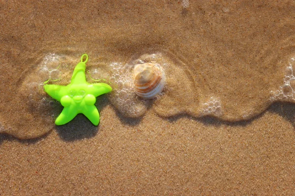 Top View Image Sandy Summer Beach Plastic Star Fish — Stock Photo, Image