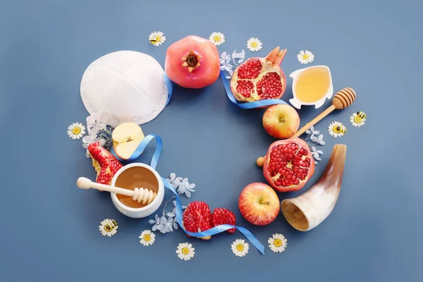 Rosh Hashanah Judisk Nyårshelg Koncept Traditionella Symboler — Stockfoto