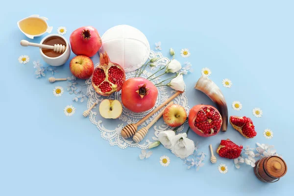 Rosh Hashanah Judisk Nyårshelg Koncept Traditionella Symboler — Stockfoto