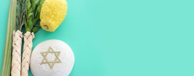 Sukkot Yahudi Festivali. Geleneksel semboller (dört tür): Etrog (citron), lulav (palmiye dalı), hadas (mersin ağacı), arava (söğüt ağacı))