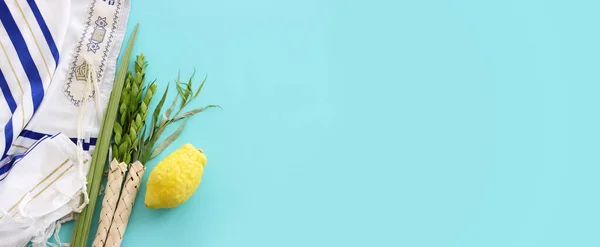 Jewish Festival Sukkot Traditional Symbols Four Species Etrog Citron Lulav — Stock Photo, Image