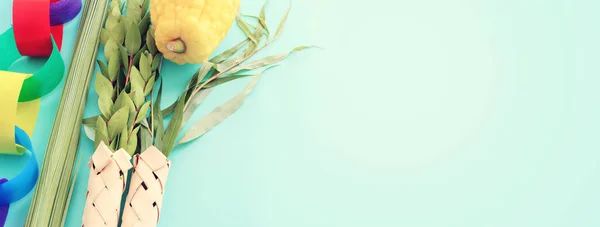 Židovský Festival Sukkotu Tradiční Symboly Čtyři Druhy Etrog Citron Lulav — Stock fotografie