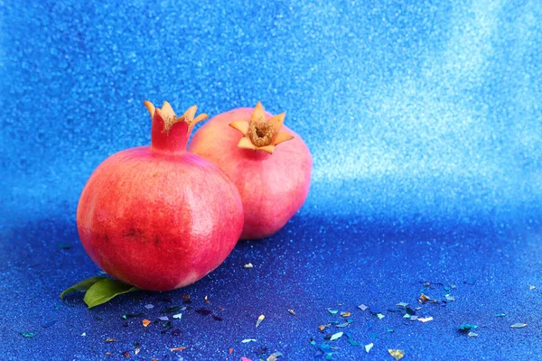 Rosh Hashanah Judisk Nyårshelg Koncept Aditionella Symboler Över Blå Glitter — Stockfoto