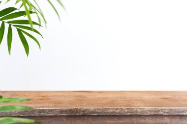 wooden table in front of interior wall and tropical green plant background. for product display and presentation.