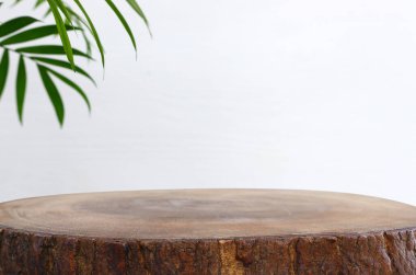 wooden table in front of interior wall and tropical green plant background. for product display and presentation.