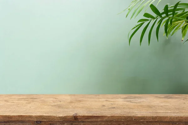 Wooden Table Front Interior Wall Tropical Green Plant Background Product — Stock fotografie