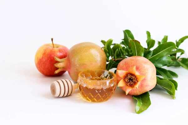 Rosh Hashanah Judisk Nyårshelg Koncept Traditionella Symboler Över Vit Bakgrund — Stockfoto