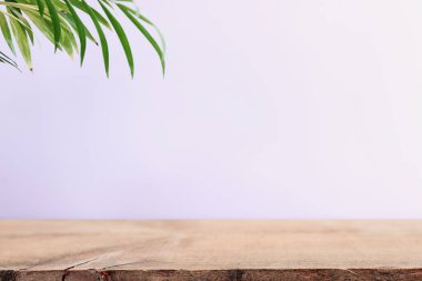 wooden table in front of interior wall and tropical green plant background. for product display and presentation.