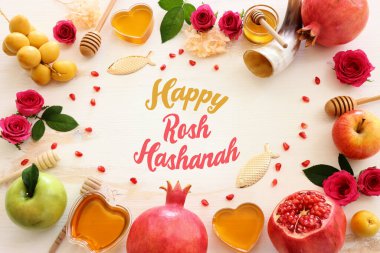 Rosh hashanah (Yahudi Yeni Yıl Tatili) konsepti. Geleneksel semboller