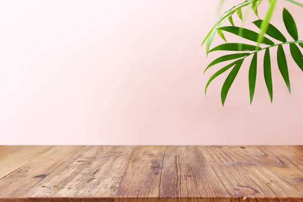 Wooden Table Front Interior Wall Tropical Green Plant Background Product — Stock fotografie