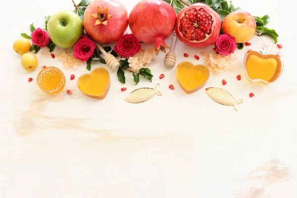 Rosh Hashanah Feriado Ano Novo Judaico Conceito Símbolos Tradicionais — Fotografia de Stock