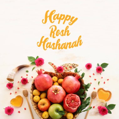 Rosh hashanah (Yahudi Yeni Yıl Tatili) konsepti. Geleneksel semboller