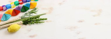 Sukkot Yahudi Festivali. Geleneksel semboller (dört tür): Etrog (citron), lulav (palmiye dalı), hadas (mersin ağacı), arava (söğüt ağacı))