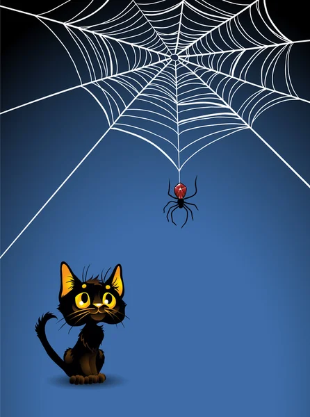 Tela de araña de Halloween y fondo de gato negro . — Vector de stock