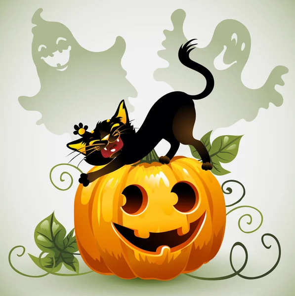 Чорний кіт на Хеллоуїн гарбуз і привид . — стоковий вектор