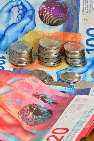 Monedas Dinero Suizo Con Billete — Foto de Stock