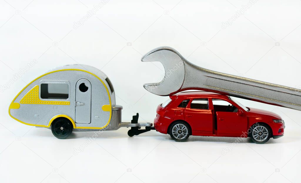  toy car with travel caravan and ring spanner work tool