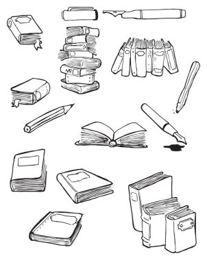 Kitaplar ve kalem koleksiyonu (raster sürüm çizgi film)