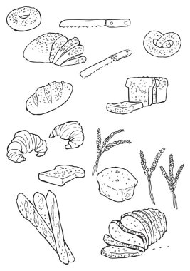 ekmek ve ekmek şeyler vektör doodles.