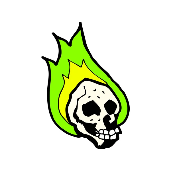 Spooky flaming met groene schedel cartoon — Stockvector