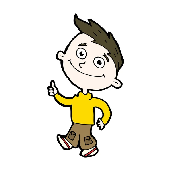 Smiling boy in yellow thumbs up cartoon — Stock Vector