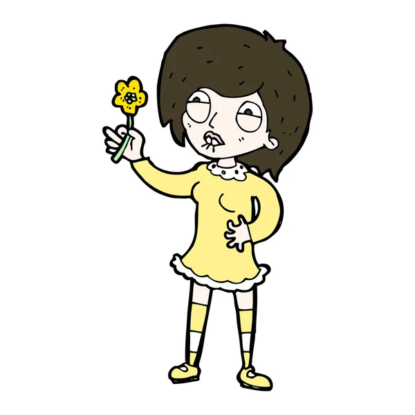 Cartoon woman proud of flower — Stock Vector