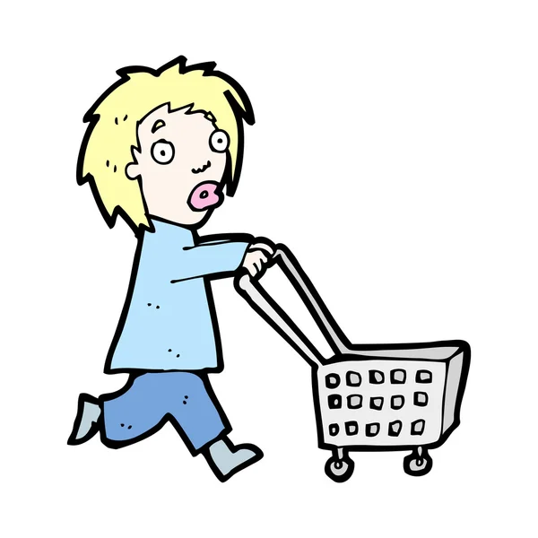 Cartoon woman with shopping trolley — Stock Vector