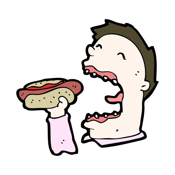Karikatura muže jíst obrovské párek v rohlíku — Stockový vektor