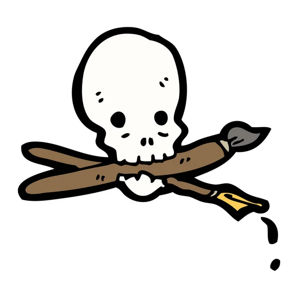Kafatası ile fırça ve mürekkep kalem karikatür — Stok Vektör