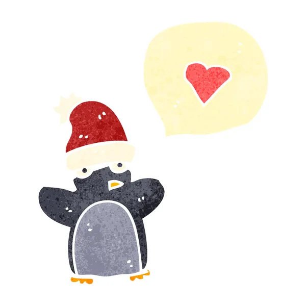 Cartoon Xmas penguin with heart in thought bubble — Stock Vector