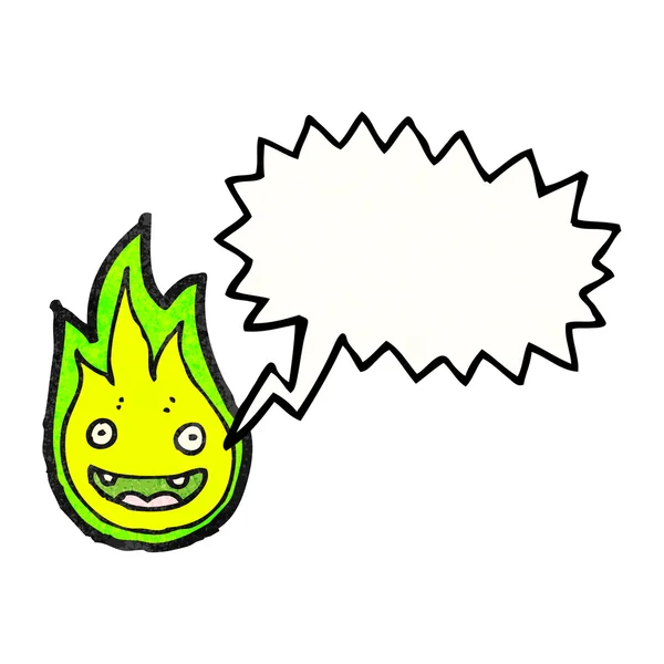Criatura de fuego verde con burbuja de habla — Vector de stock