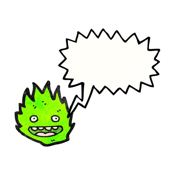 Criatura de fuego verde con burbuja de habla — Vector de stock