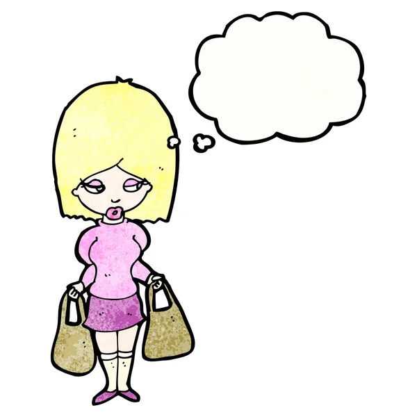 Frau mit Gedankenblase und Einkaufstüten — Stockvektor