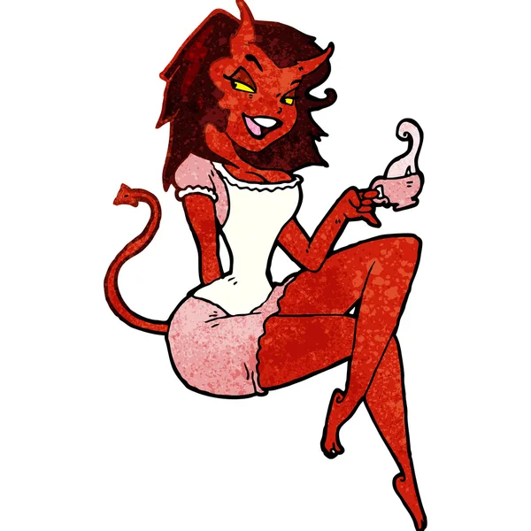 Teufelsmädchen mit Tasse Tee — Stockvektor