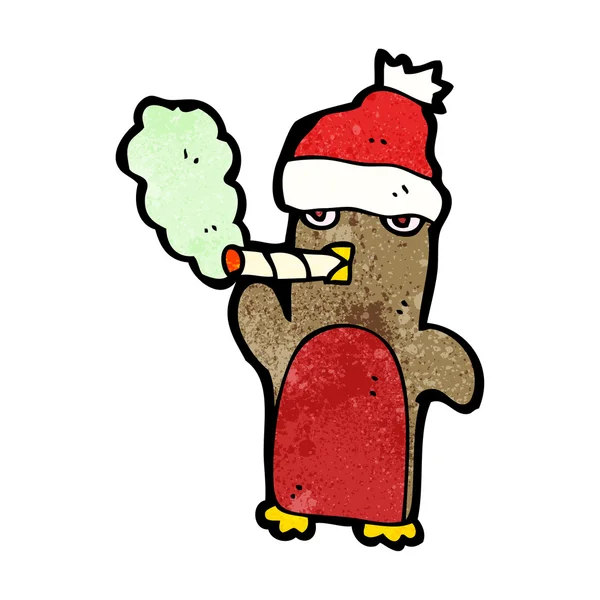 Kerstmis pinguïn in santa hat Rookvrije sigaret cartoon — Stockvector