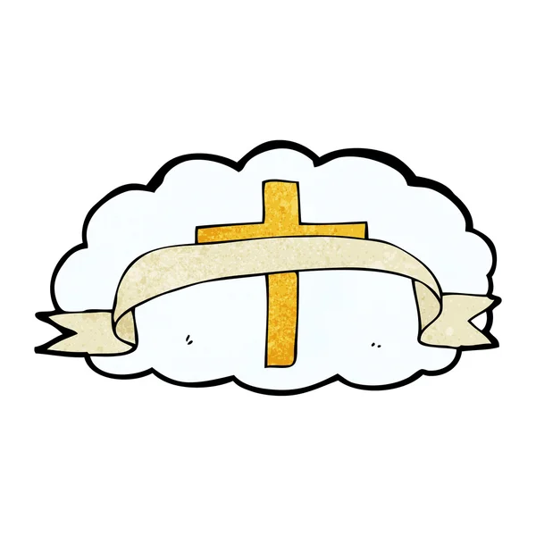 Dibujos animados cruz cristiana con bandera en la nube — Vector de stock