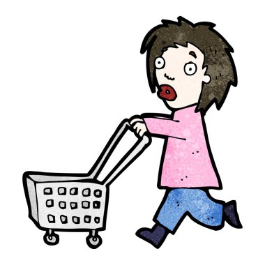 alışveriş arabası ile karikatür kadın