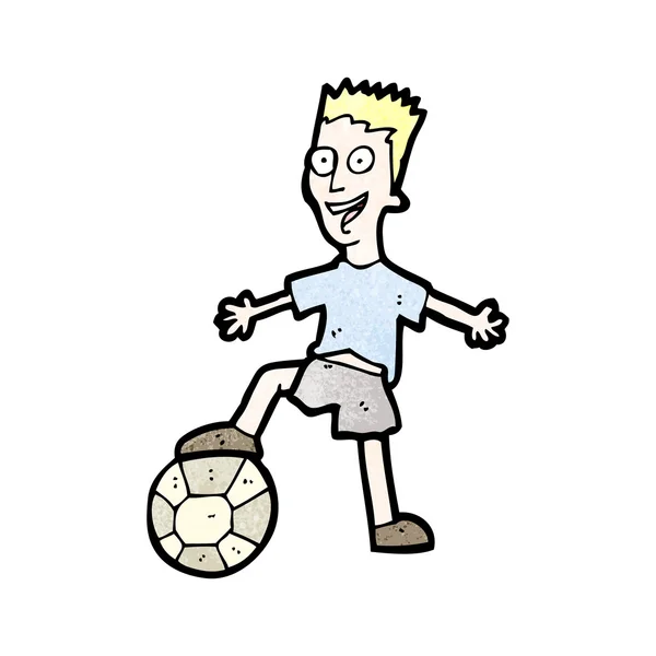 Feliz chico de dibujos animados con el fútbol — Vector de stock
