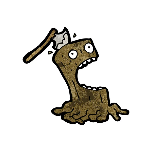 Cartoon screaming tree stump with axe — Stock Vector
