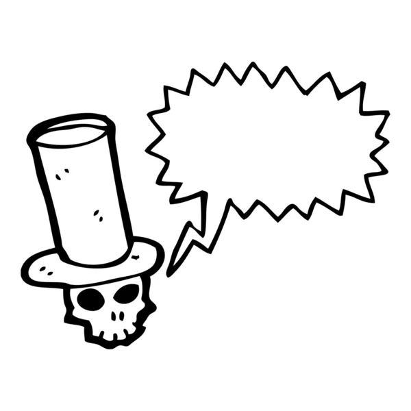 Totenkopf im Zylinderhut-Cartoon mit Sprechblase — Stockvektor