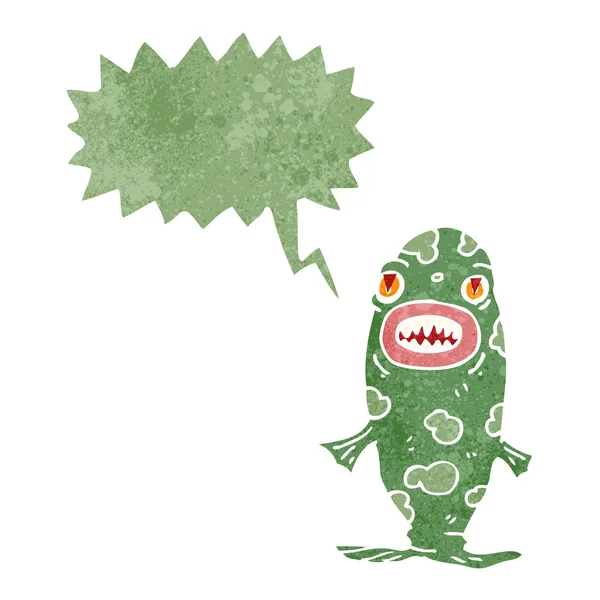 Retro cartoon monster fish with speech bubble — Stock Vector
