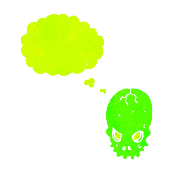 Retro cartoon spooky green skull with thought bubble — Stock Vector