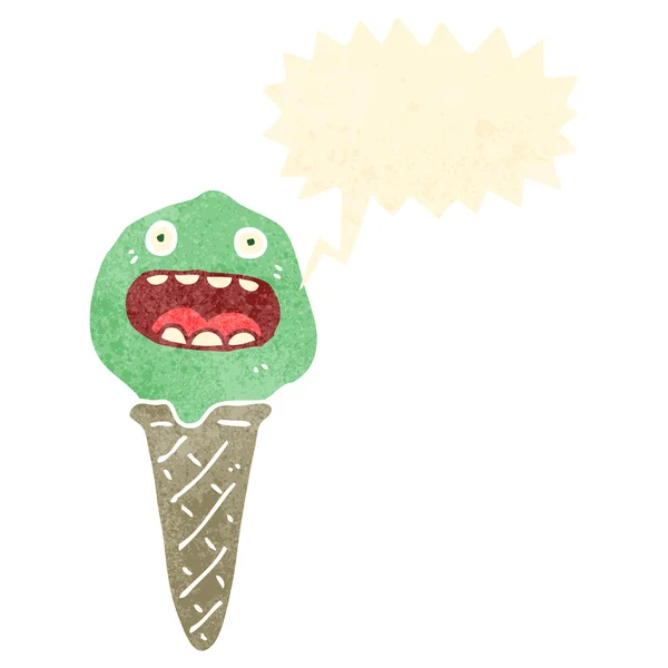 Retro cartoon ice cream cone character with speech bubble — Stock Vector
